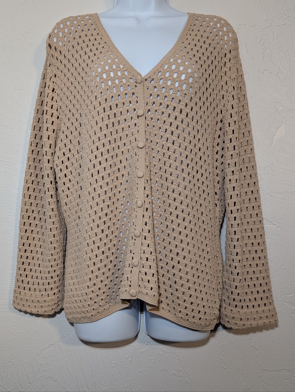 Beige Open Knit Button Down Cardigan Neutral Beach Boho Hippie Minimalist Layer